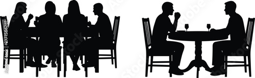 Group of people at table and couple at round table silhouettes.