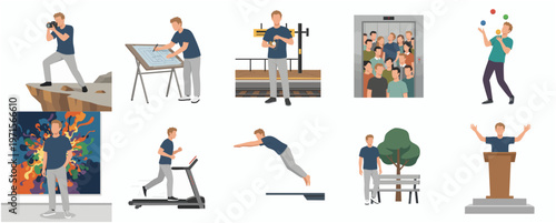 Flat Illustration Diverse People and Man in Everyday and Leisure Activities