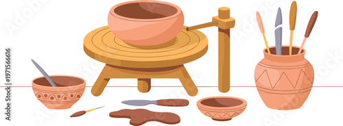 Pottery making tools and clay pots displayed on table for crafting ceramic art.