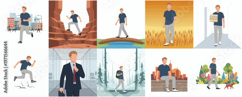 Flat Illustration Set of Man in Various Life Style Scenarios