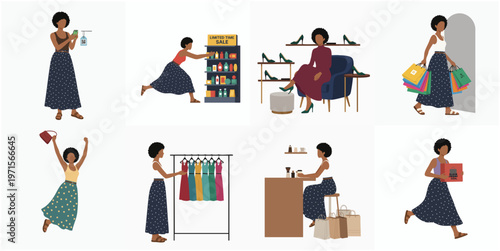 Flat Illustration of Dark Skinned Woman Shopping in Different Stores and Situations