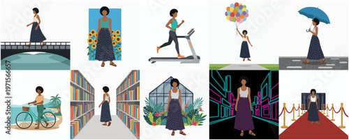 Stylish Flat Illustration Woman in Various Scenes Lifestyle Collection Set