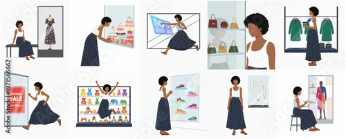 Flat Illustration of Woman in Various Retail Shopping Experiences and Scenarios