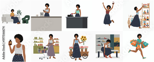 Flat Illustration Various Shopping Activities and Retail Store Scenes with African American Woman