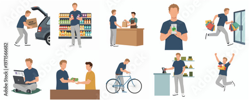 Flat Style Lifestyle Scene with Man Daily Activity and Shopping Illustration
