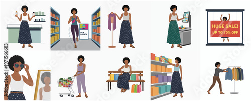 Flat Cartoon Woman Shopping Activities in Supermarket and Retail Store Set