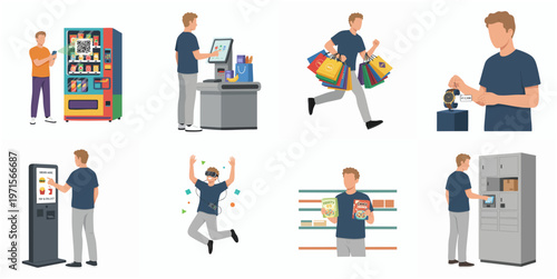 Flat Style Male Character Doing Self Service Activities Illustration Set