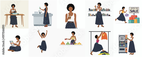 Modern Flat Style African American Woman Shopping and Running Lifestyle Illustration