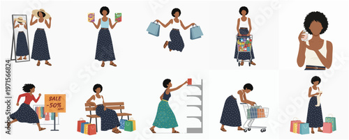 Flat Style Detail Various Poses Of Shopping Woman Character Illustration
