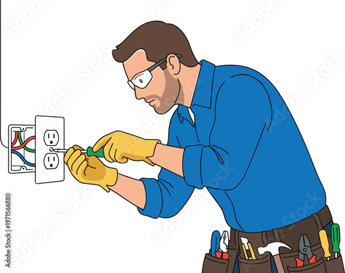 Electrician installing wall outlet with wiring tools and safety gloves home electrical repair vector illustration