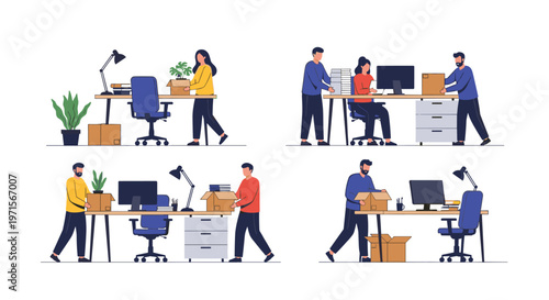 Four scenes depicting office employees collaboratively packing and moving boxes of files and equipment for a business relocation.