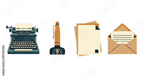 Vintage typewriter and writing tools.