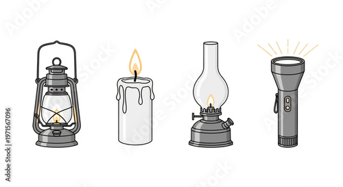 Vintage lanterns and flashlight with flames.
