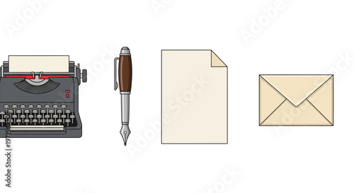 Vintage typewriter pen paper envelope writing.