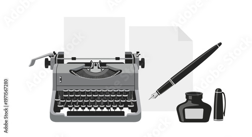 Vintage typewriter with pen and ink.