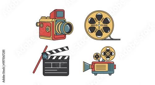 Film making equipment and camera icons.