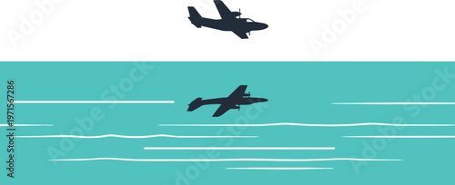 Minimalist vector illustration of airplane shadow over tropical sea water, travel and vacation concept