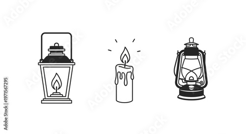 Vintage lanterns and burning candle.