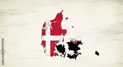 Denmark map silhouette with national flag design on vintage parchment background illustration