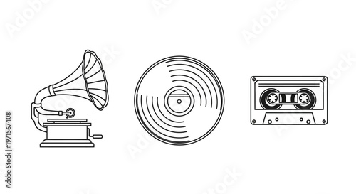 Vintage music devices and vinyl record.