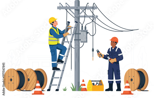 Electricians working on utility pole with transformer cables and tools power line maintenance vector illustration