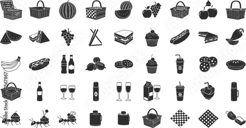 Black and white picnic icons set with food and drink items