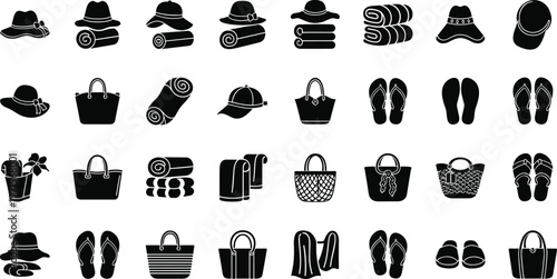 Collection of beach accessories icons including hats bags towels and sandals