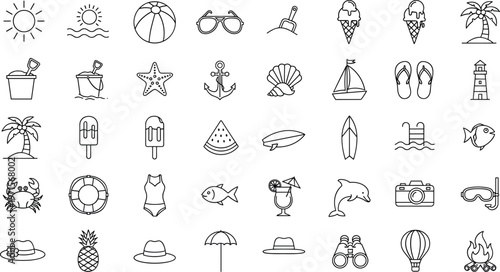 Collection of black line icons for summer vacation and beach activities