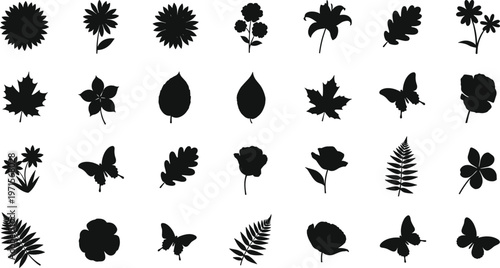Collection of black silhouettes of various flowers leaves and butterflies