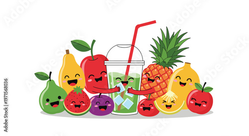 Group of adorable cartoon fruit characters with happy faces hugging a tall cup of fresh green smoothie with a red straw.