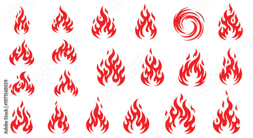 Extensive collection of various red fire and flame symbols in different shapes and intensities for graphic design projects.