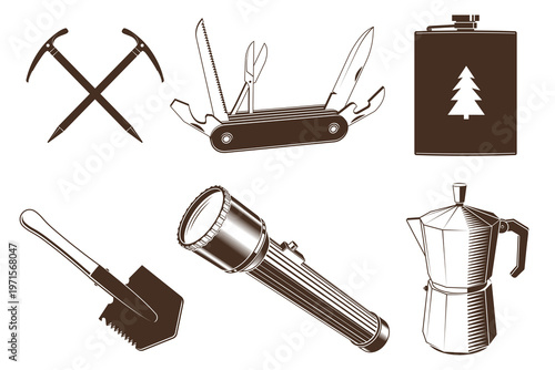 Bushcraft icons set, flat vector collection with knife, flashlight, multitool and camping equipment.