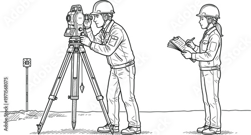 Survey engineers using theodolite and clipboard at construction site measurement and land surveying line art vector illustration