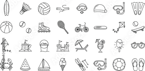 Summer vacation icons and symbols for travel and leisure activities