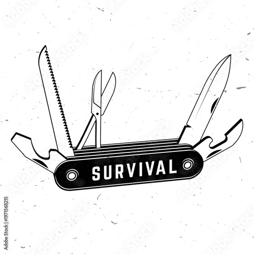 2026_04_01_outdoorSurvival multitool typography vector illustration with grunge texture outdoor bushcraft tool design for t shirt print poster and sticker isolated on white background.