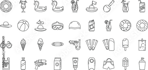 Summer vacation icons set including food, Drinks, Beach and pool items