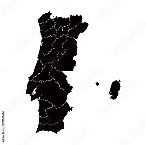 Portugal map silhouette with administrative district borders isolated on transparent grid