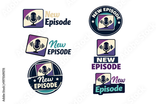Retro microphone podcast badges set with new episode text in vintage style