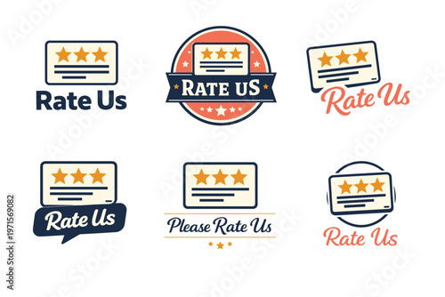 Collection of rate us icons with stars and text in various styles