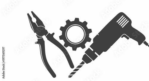 Drill and Pliers with Gear Icon.
