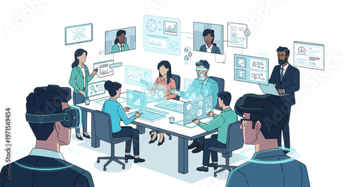 Business team meeting with virtual reality technology and data analysis