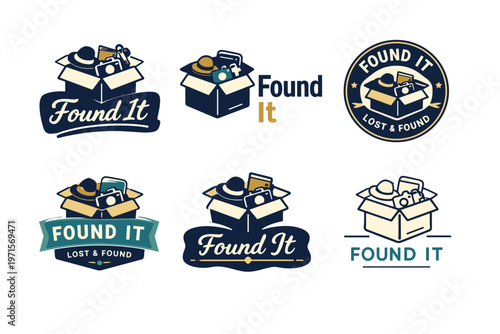 Lost and found icons collection with boxes and items