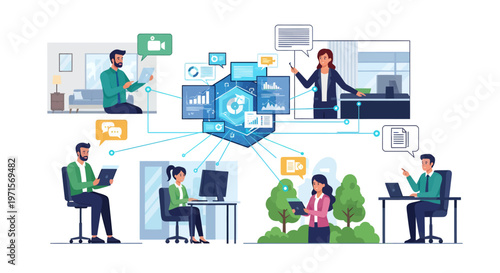 Business people communicating and collaborating remotely with digital devices