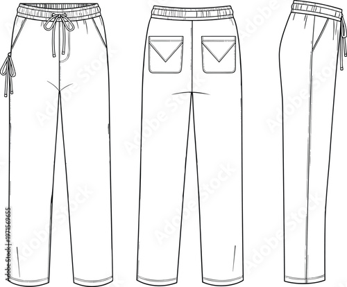 jogger pants mockup, front back side views, sweatpants template, casual wear design, fashion illustration, drawstring trousers, editable clothing mockup