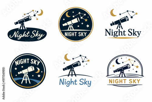 Night sky logos featuring telescopes, stars, and moons in various designs