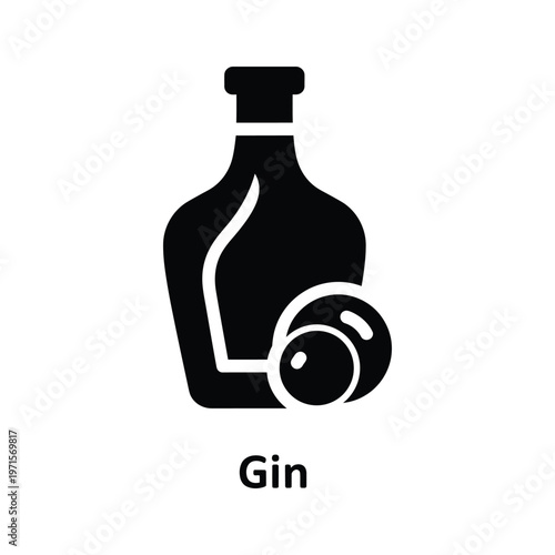 Black and white illustration of a gin bottle with a juniper berry