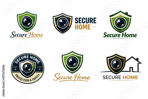 Secure home logos featuring shield and eye icons for security branding