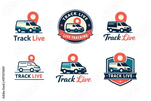 Track live delivery service logos with vans, map pins, and tracking icons
