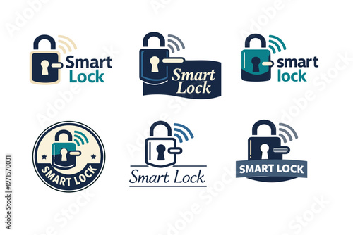 Collection of smart lock logos with padlock and wireless signal designs