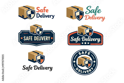 Safe delivery logos with shield and box designs